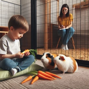 Junge sitzt mit Karotten auf einem Kissen, neben ihm 2 Meerschweinchen, im Hintergrund eine Therapeutin die das Geschehen beobachtet.